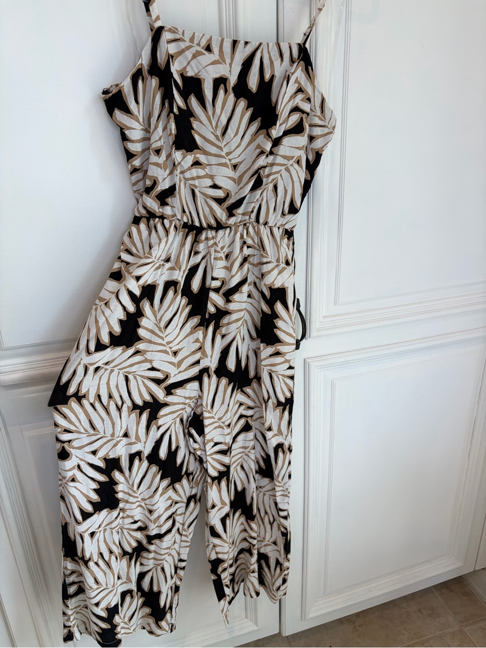 As U Wish Black Jumpsuit with Cream and Tan Leaf Print